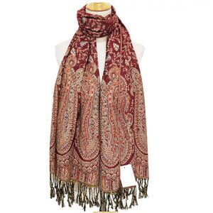 Vintage Style Paisley Shawl — Rich Wine Red & Gold Floral Pashmina Wrap